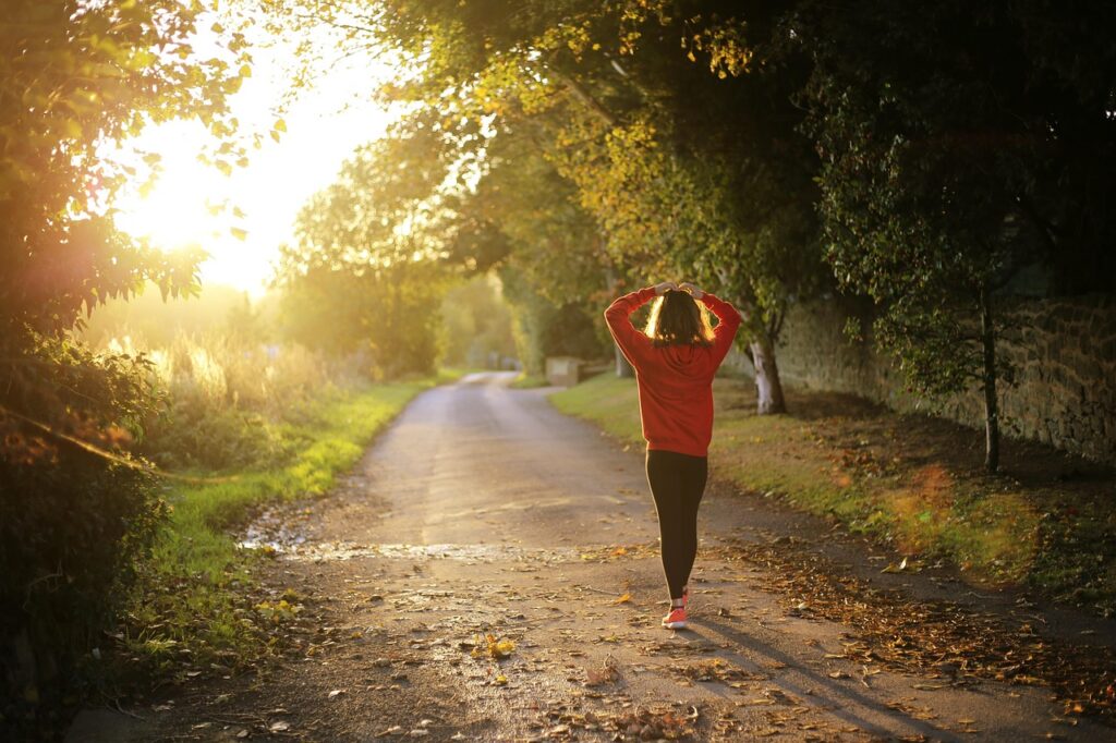 walking, fitness, girl, dawn, fall, outdoors, pathway, nature, recreation, trees, brown fitness, brown tree, brown sunset, brown walking, brown workout