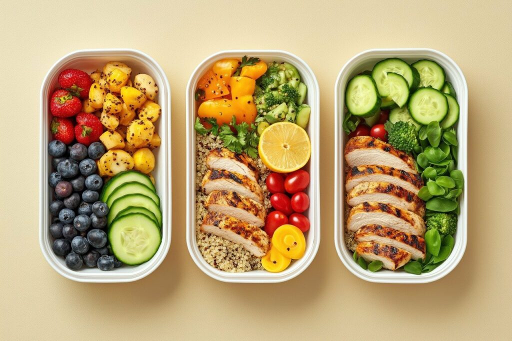 healthy, chicken, vegetables, fruit, grains, lunch, colorful, fresh, clean, diet, food, container, balanced, nutrition, ai generated