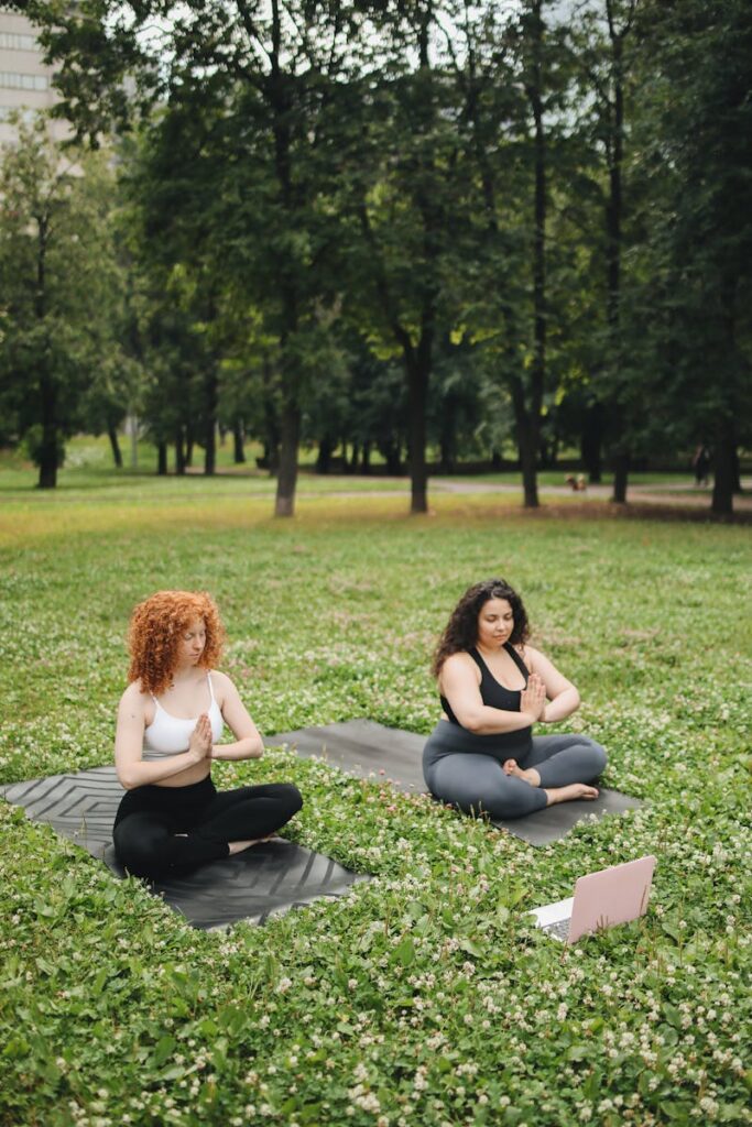 Two women doing yoga on mats in a green park setting, focusing on meditation.